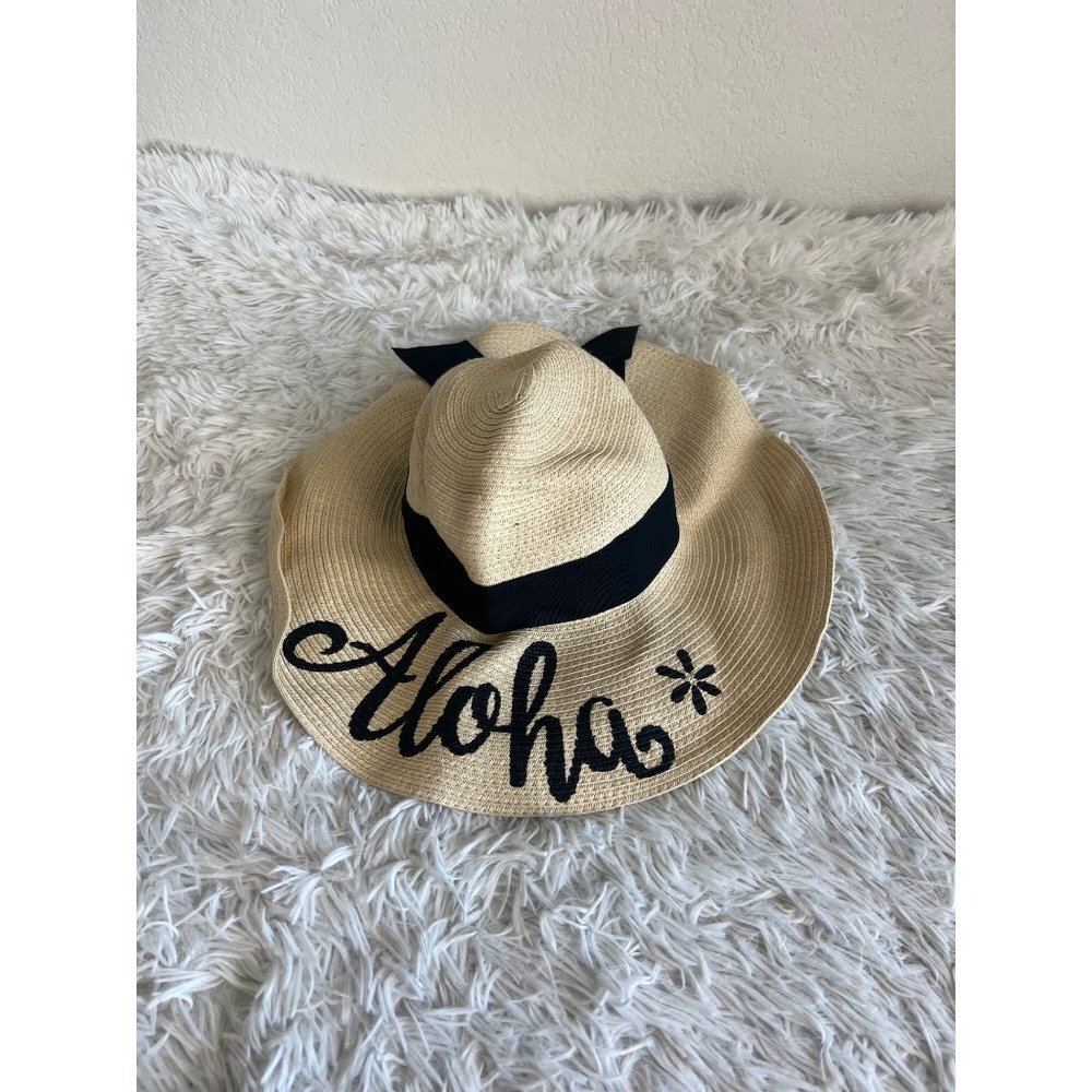 Aloha Sunware Sun Hat Large Floppy Black Bow Spellout Hawaii